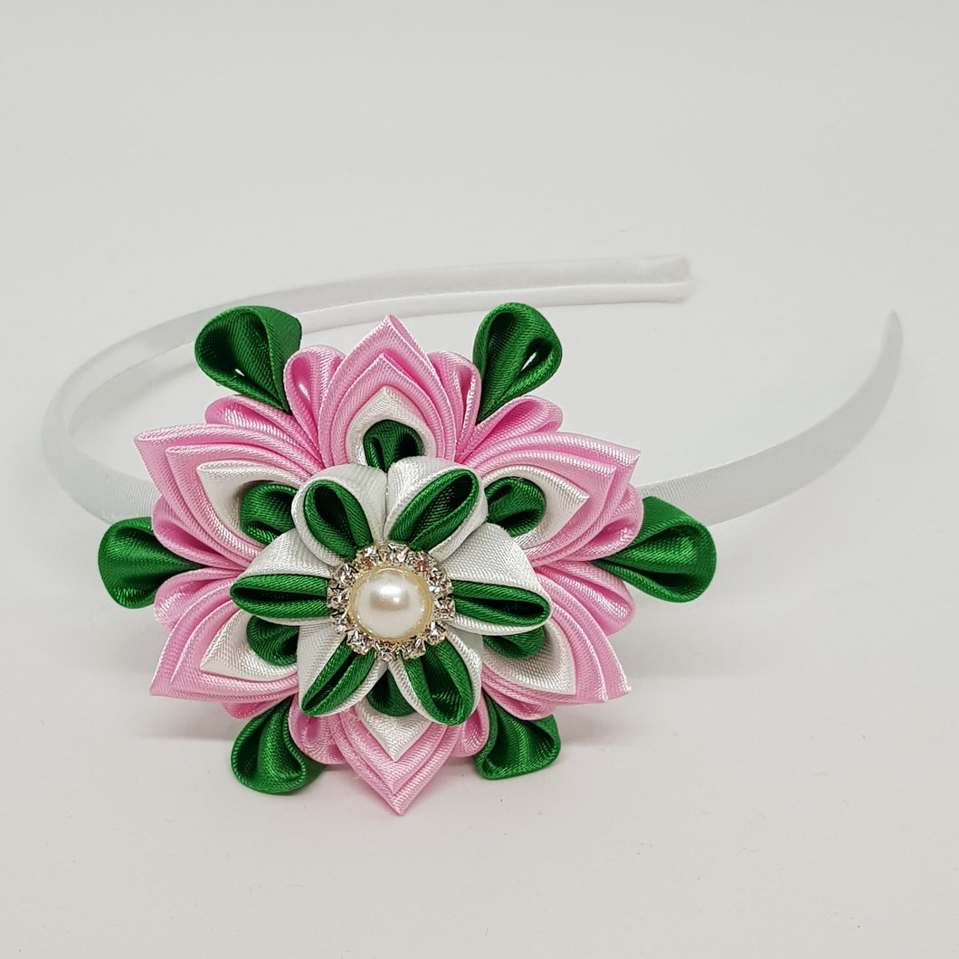Kanzashi 3.15 Inch Double Layer Flower - Pink, White & Green