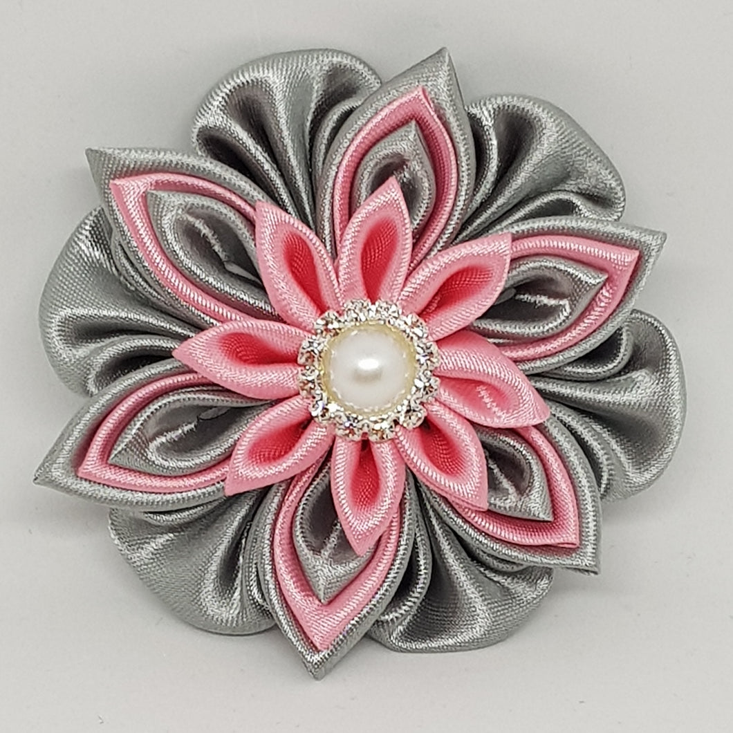 Kanzashi 2.95 Inch Double Layer Flower - Pink & Silver