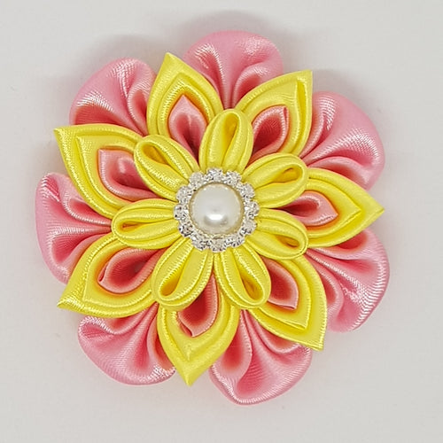 Kanzashi 2.95 Inch Double Layer Flower - Yellow on Geranium