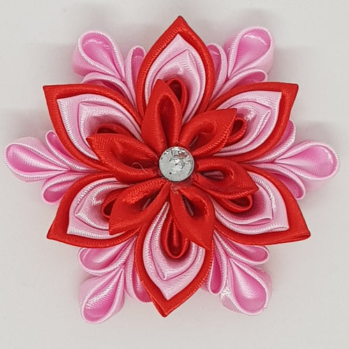 Kanzashi 3.15 Inch Double Layer Flower - Red on Geranium Pink