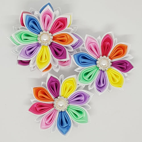 Kanzashi Daisy Flowers - White Rainbow