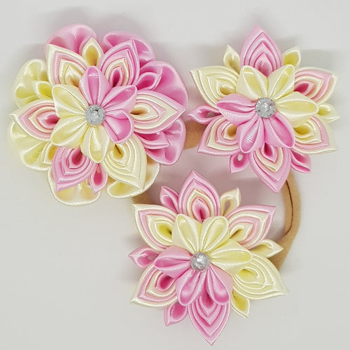 Kanzashi Double Layer Flowers - Pink & Cream