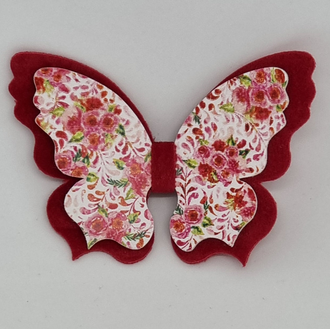 Double Fancy Butterfly Clip - Red Roses on Red Velvet