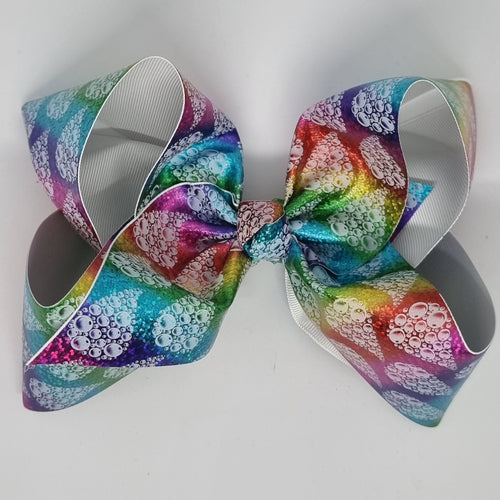 8 Inch Boutique Bow - Sublimated Holographic Rainbow Stripes & White Oil Bubbles