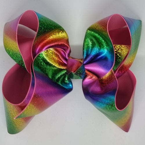 8 Inch Boutique Bow - Sublimated Holographic Rainbow Stripes