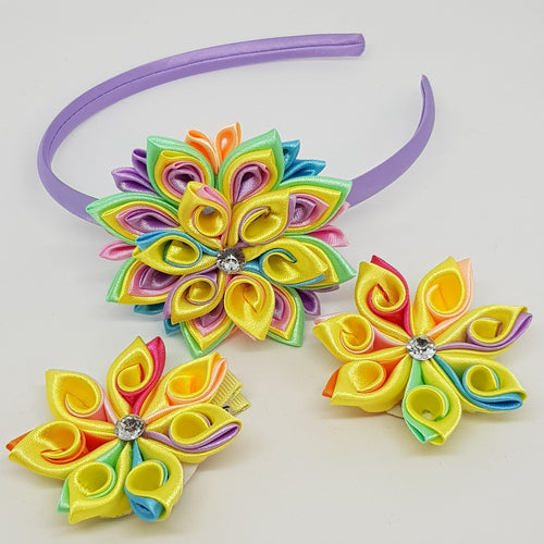 Kanzashi Flowers - Yellow Rainbow Swirl