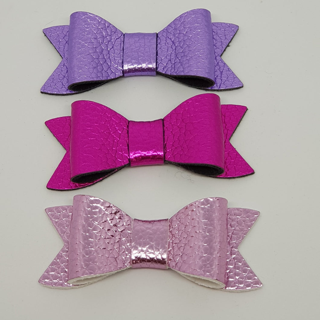 2.75 Inch Ivy Metallic Leatherette Bow Set -  Mermaid Tail Trio - Pinks & Purple